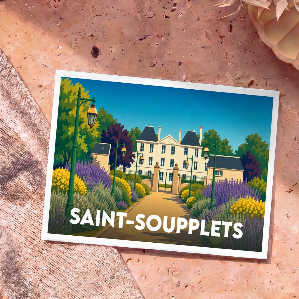 Carte postale souvenir de la ville de Saint-Soupplets avec une illustration stylisée de son château et de ses jardins.