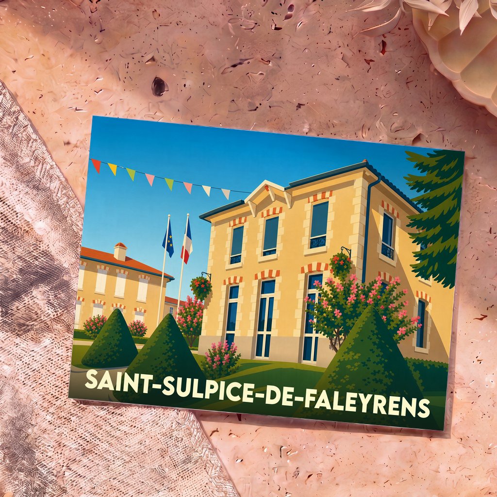 Carte postale souvenir de Saint-Sulpice-de-Faleyrens illustrant sa mairie dans un style graphique épuré.