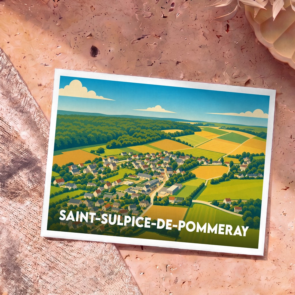 Carte postale souvenir de la ville de Saint-Sulpice-de-Pommeray avec une illustration vue du ciel du village et de sa campagne.