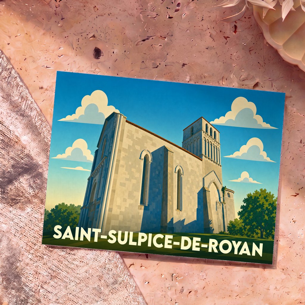 Carte postale souvenir de Saint-Sulpice-de-Royan illustrant son église dans un style graphique épuré.