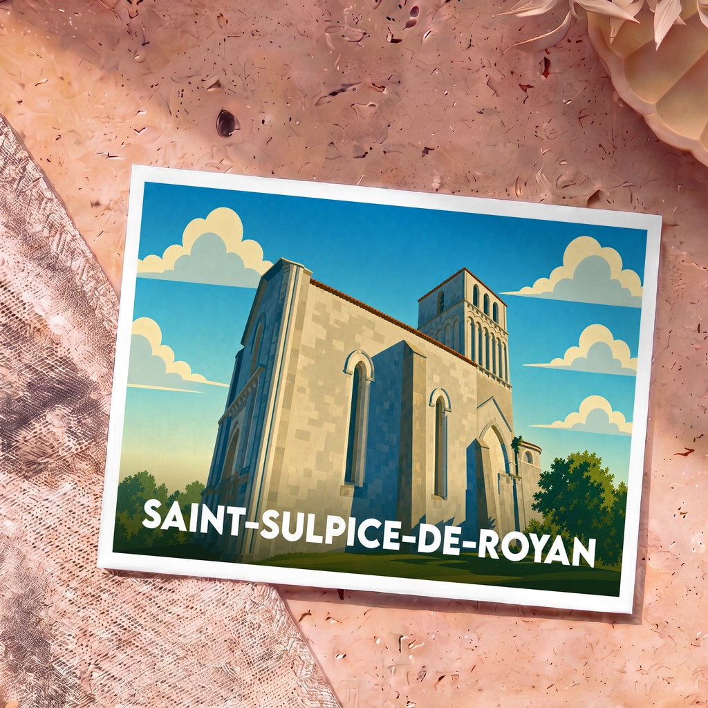 Carte postale souvenir de Saint-Sulpice-de-Royan illustrant son église dans un style graphique épuré.