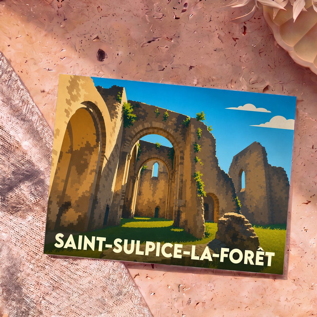 Carte postale souvenir de la ville de Saint-Sulpice-la-Forêt illustrant les ruines stylisées d'une abbaye sous un ciel bleu.