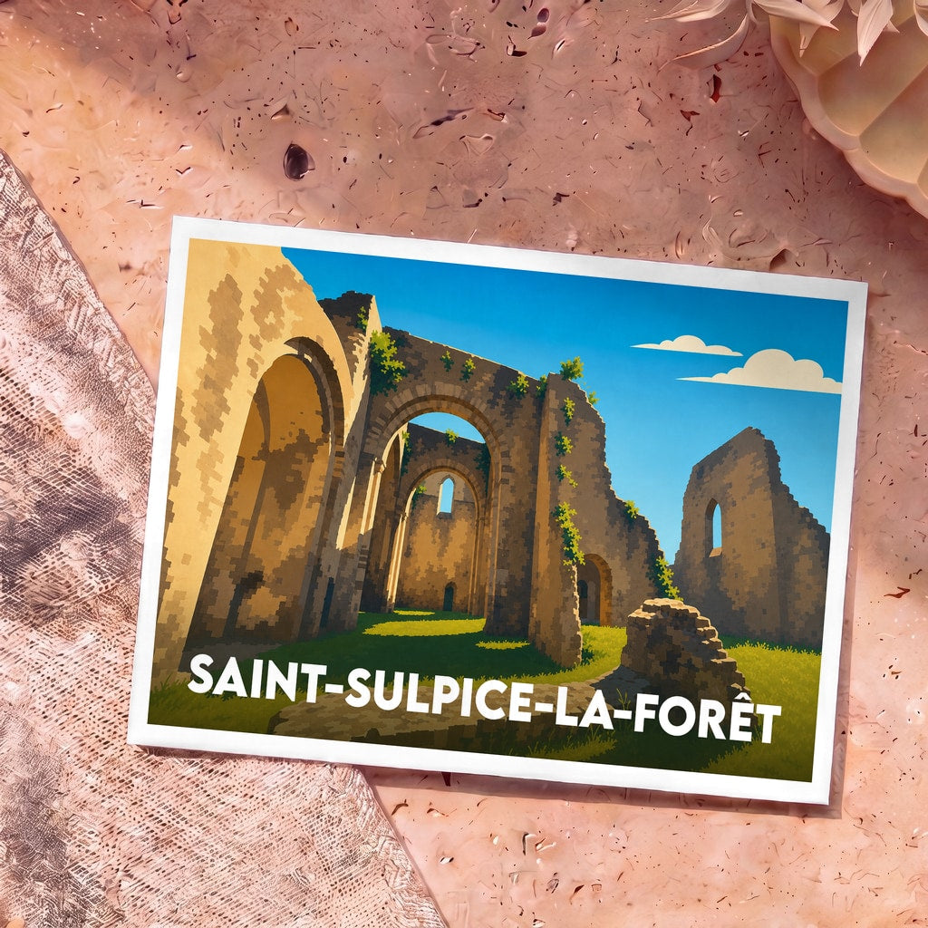 Carte postale souvenir de la ville de Saint-Sulpice-la-Forêt illustrant les ruines stylisées d'une abbaye sous un ciel bleu.