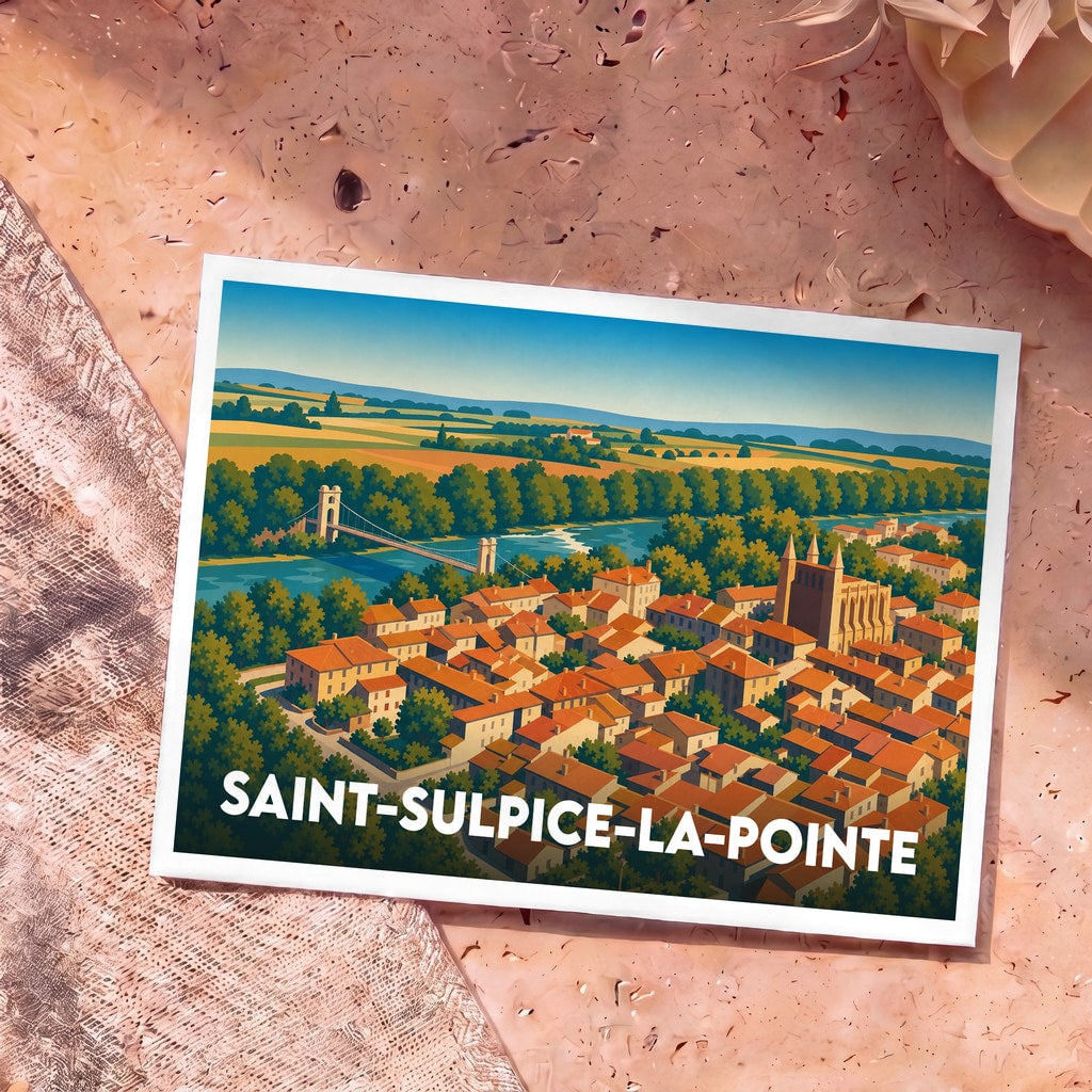 Carte postale souvenir de Saint-Sulpice-la-Pointe présentant une illustration stylisée du pont suspendu et de l'église surplombant l'Agout.