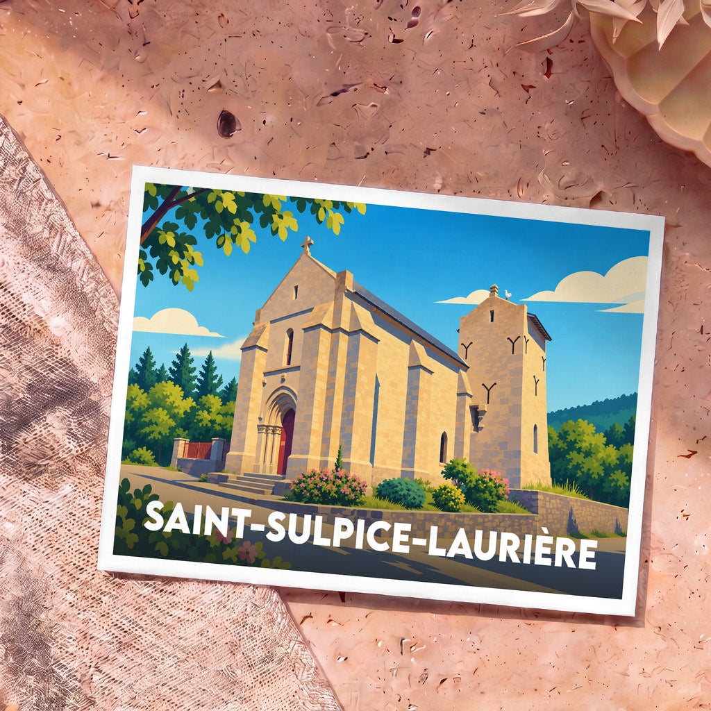 Carte postale souvenir de la ville de Saint-Sulpice-Laurière illustrant son église dans un style graphique et coloré.