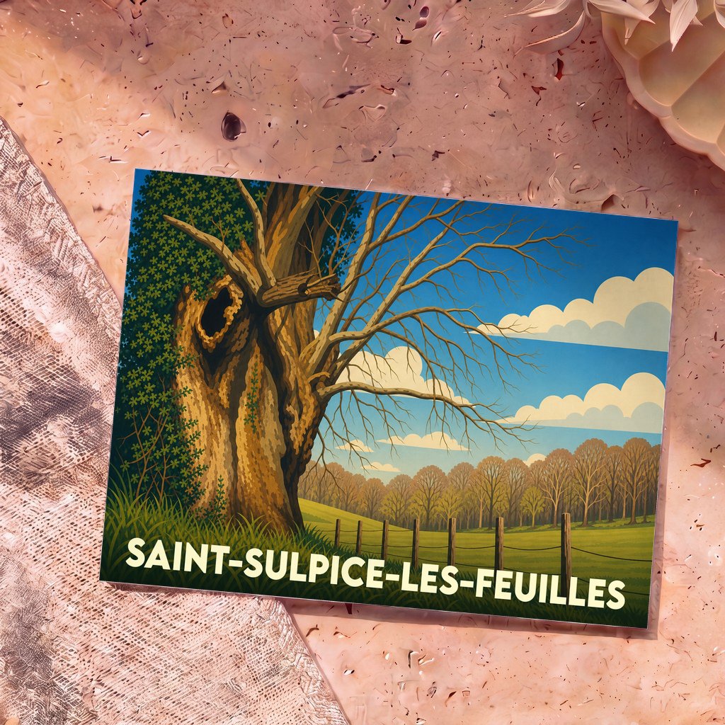 Carte postale souvenir de la ville de Saint-Sulpice-les-Feuilles avec une illustration stylisée d'un vieil arbre majestueux.