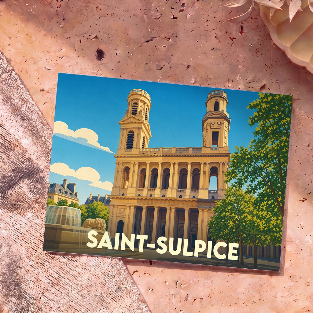 Carte postale souvenir de la ville de Saint-Sulpice avec une illustration stylisée de son église emblématique.