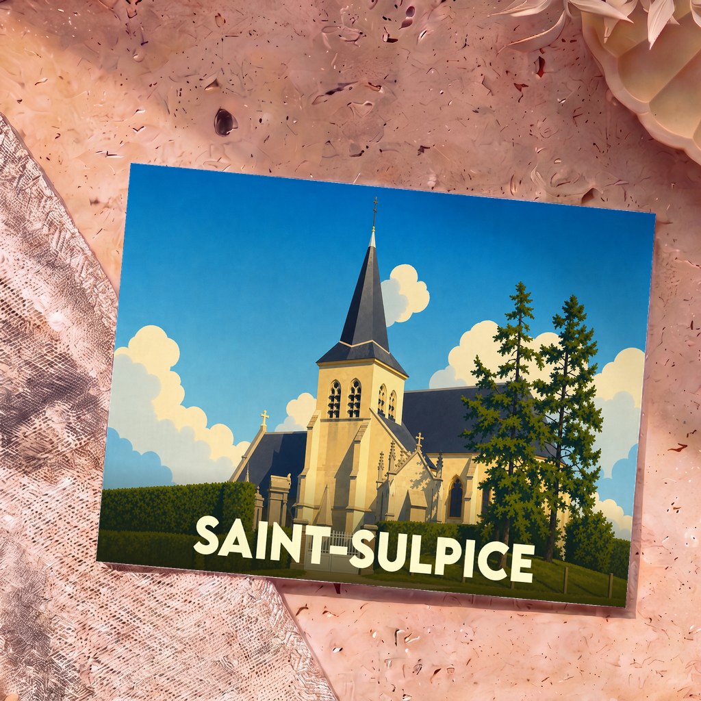 Carte postale souvenir de la ville de Saint-Sulpice avec une illustration stylisée de son église sous un ciel bleu.