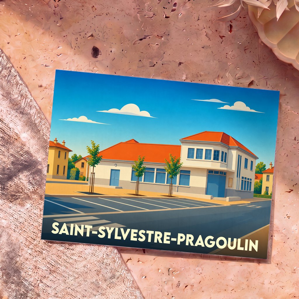 Carte postale souvenir de la ville de Saint-Sylvestre-Pragoulin avec une illustration stylisée d'un bâtiment public.