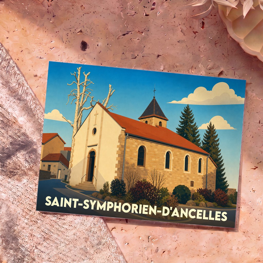 Carte postale souvenir de Saint-Symphorien-d'Ancelles avec une illustration stylisée de son église sous un ciel bleu.