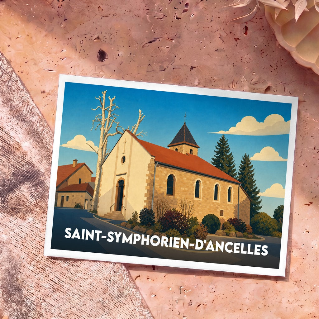 Carte postale souvenir de Saint-Symphorien-d'Ancelles avec une illustration stylisée de son église sous un ciel bleu.