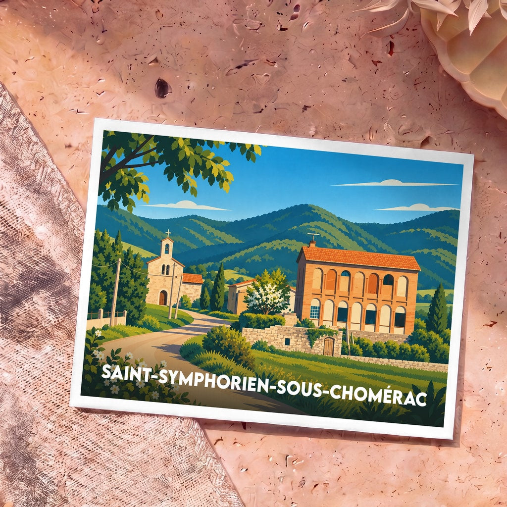 Carte postale souvenir de Saint-Symphorien-sous-Chomérac avec une illustration stylisée du village et de ses collines.