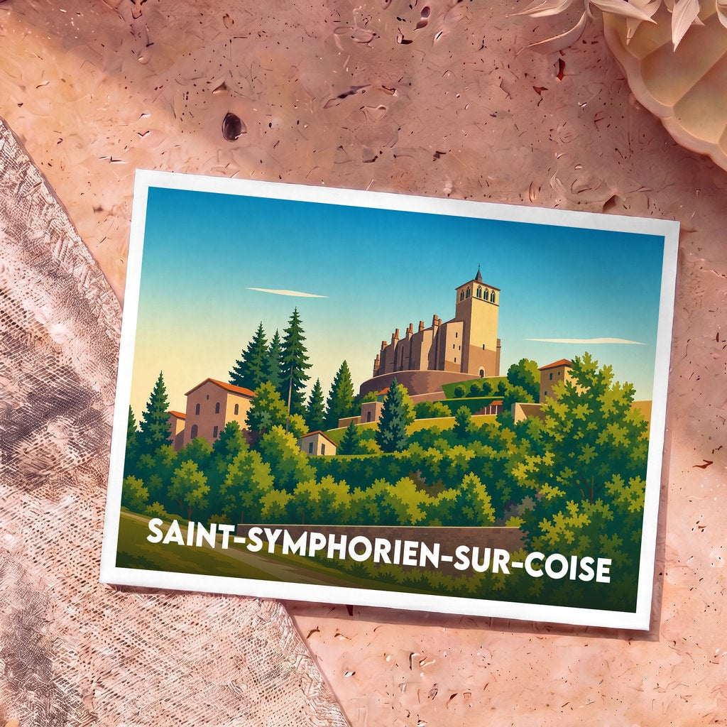 Carte postale souvenir de la ville de Saint-Symphorien-sur-Coise avec une illustration stylisée de son église collégiale surplombant le paysage.