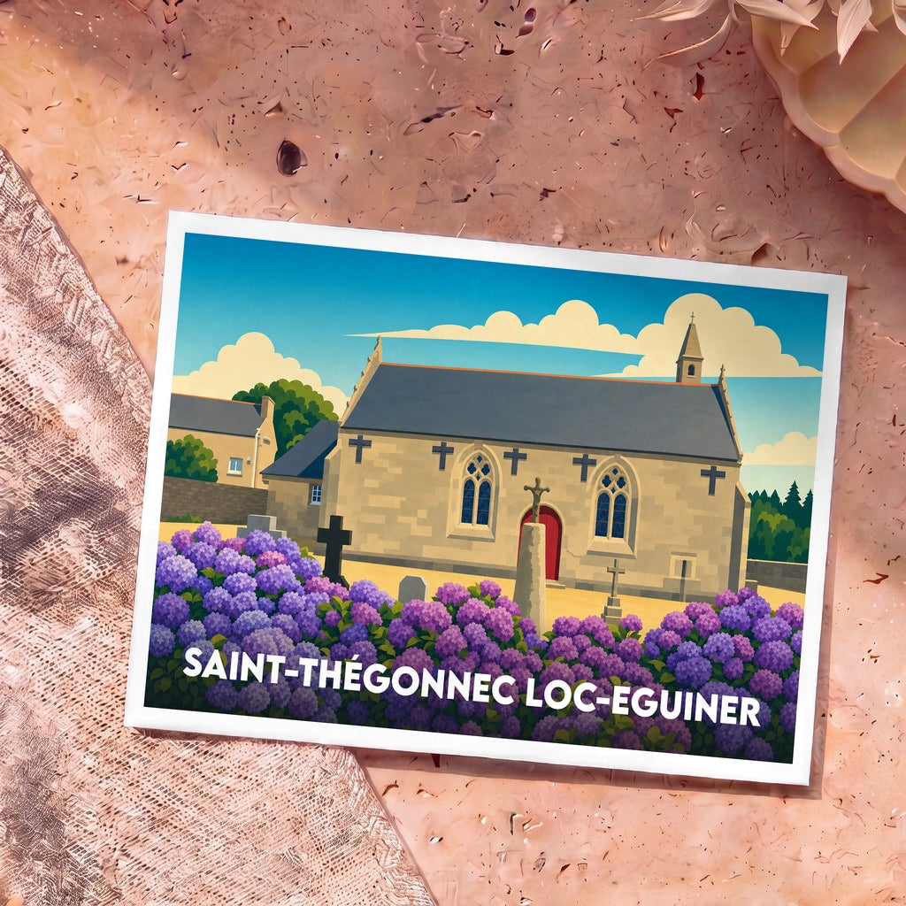 Carte postale souvenir de Saint-Thégonnec Loc-Eguiner avec une illustration stylisée de son église et de fleurs d'hortensias.