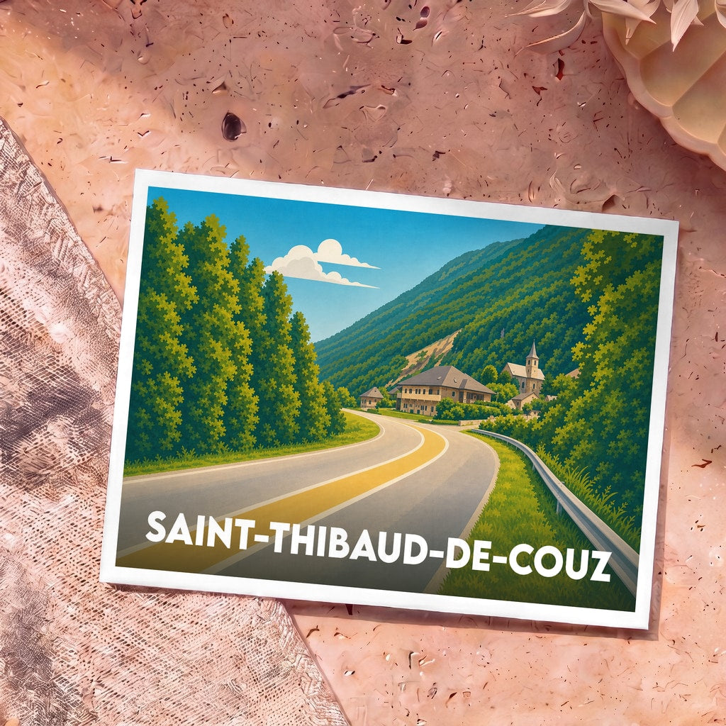 Carte postale souvenir de la ville de Saint-Thibaud-de-Couz avec une illustration stylisée d'un paysage de montagne.