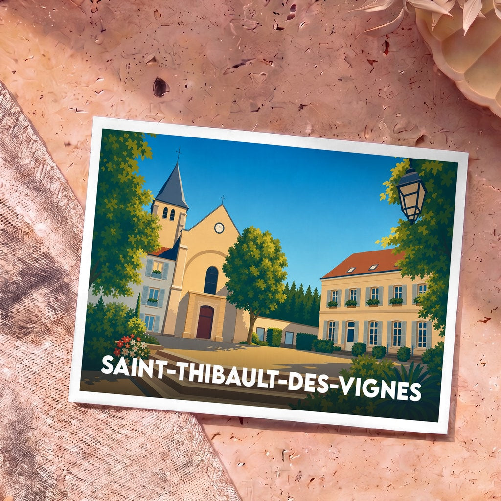 Carte postale souvenir de la ville de Saint-Thibault-des-Vignes avec une illustration stylisée de son église et de sa place.