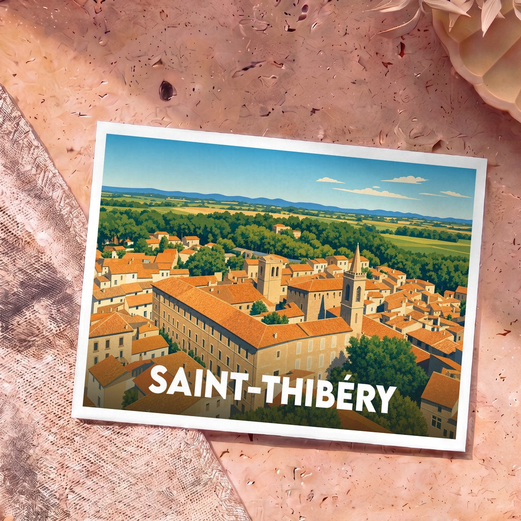 Carte postale souvenir de la ville de Saint-Thibéry avec une illustration stylisée vue du ciel.