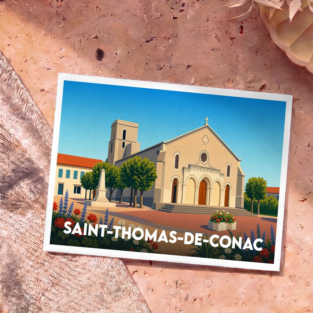 Carte postale souvenir de la ville de Saint-Thomas-de-Conac avec une illustration stylisée de son église et de sa place fleurie.