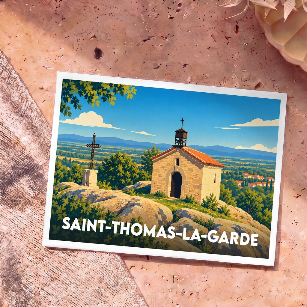 Carte postale souvenir de la ville de Saint-Thomas-la-Garde illustrant une chapelle en pierre sur une colline.