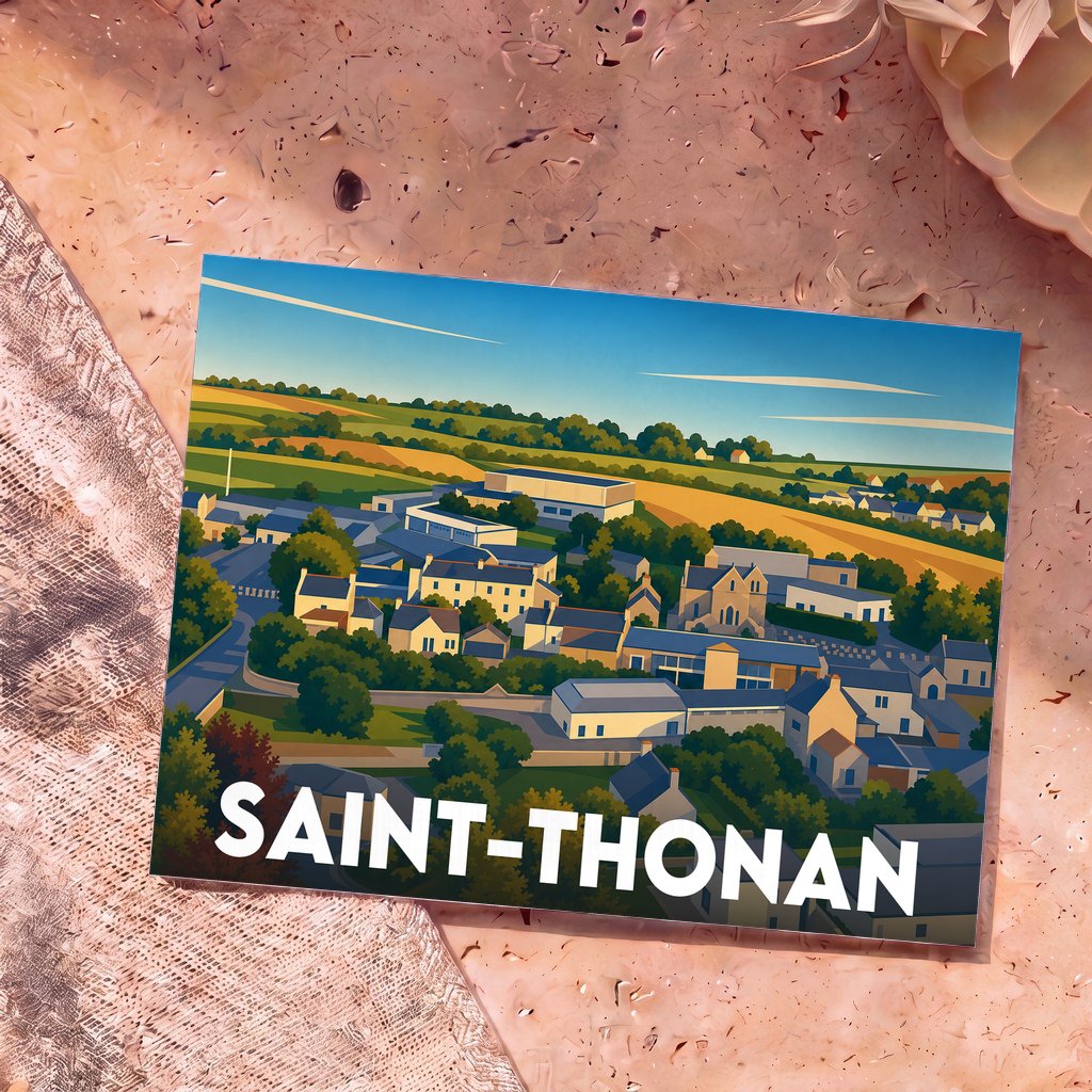 Carte postale souvenir de la ville de Saint-Thonan avec une illustration stylisée d'un paysage urbain et rural.