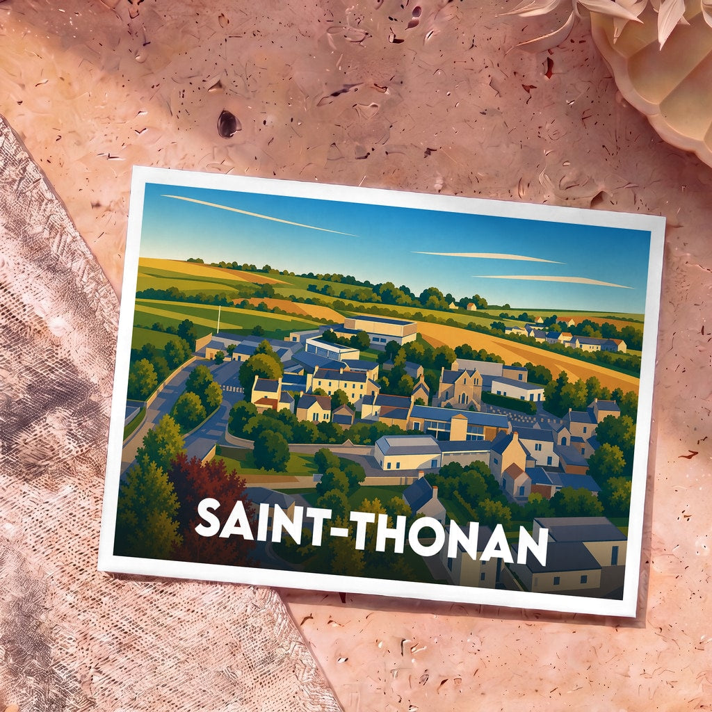 Carte postale souvenir de la ville de Saint-Thonan avec une illustration stylisée d'un paysage urbain et rural.
