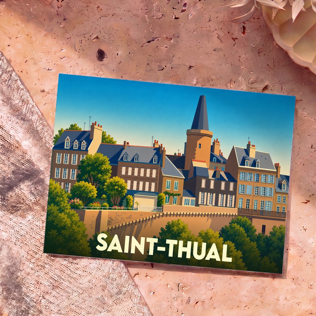 Carte postale souvenir de la ville de Saint-Thual avec une illustration stylisée.