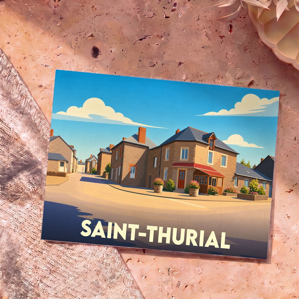 Carte postale souvenir de la ville de Saint-Thurial avec une illustration stylisée d'une rue typique.