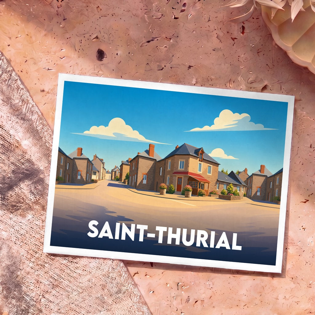 Carte postale souvenir de la ville de Saint-Thurial avec une illustration stylisée d'une rue typique.