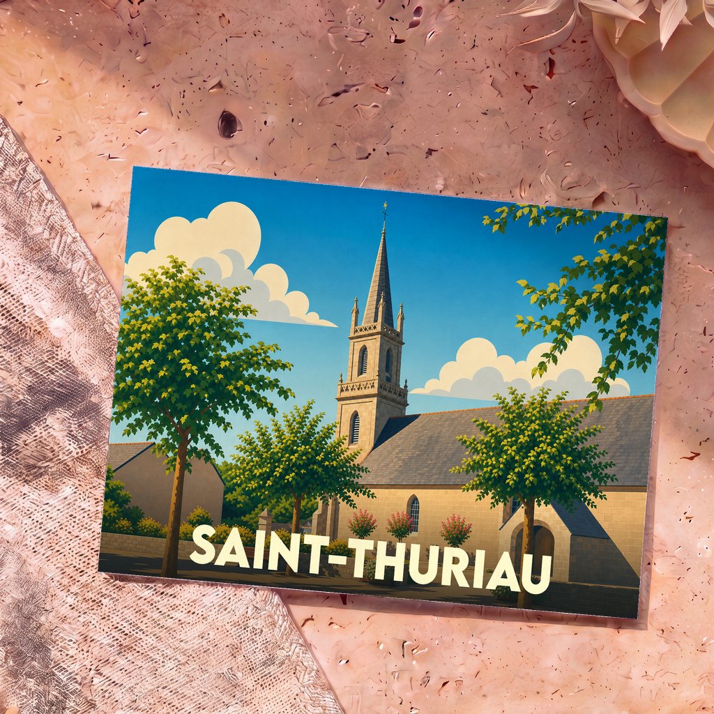 Carte postale souvenir de Saint-Thuriau avec une illustration stylisée de son église sous un ciel bleu.