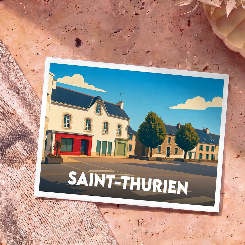 Carte postale souvenir de la ville de Saint-Thurien avec une illustration stylisée de ses façades typiques.