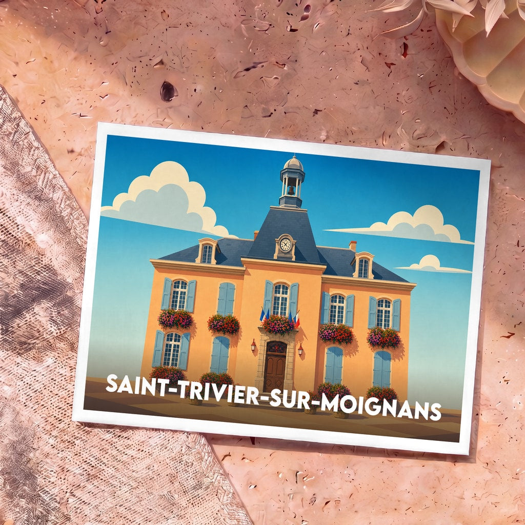 Carte postale souvenir de la ville de Saint-Trivier-sur-Moignans avec une illustration stylisée de sa mairie fleurie.