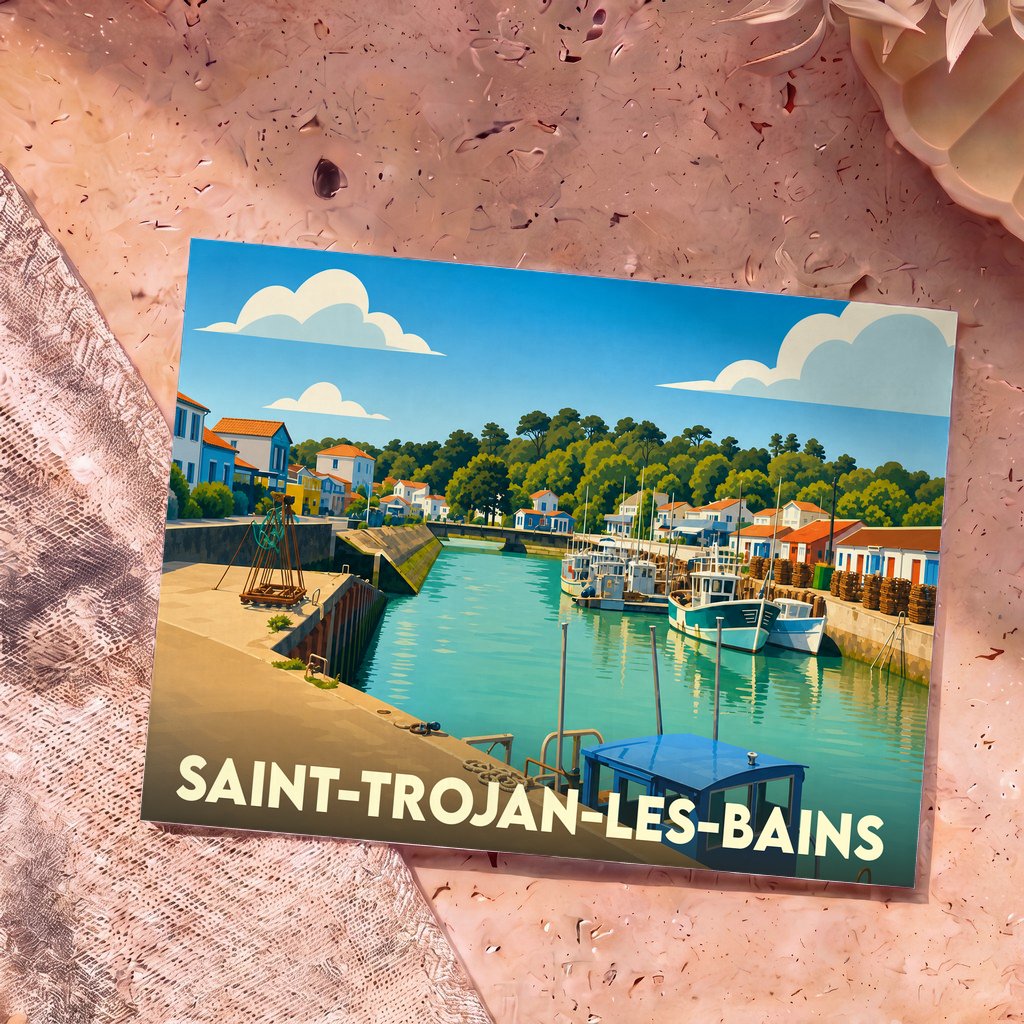 Carte postale souvenir de Saint-Trojan-les-Bains avec une illustration stylisée de son port et de ses bateaux de pêche.