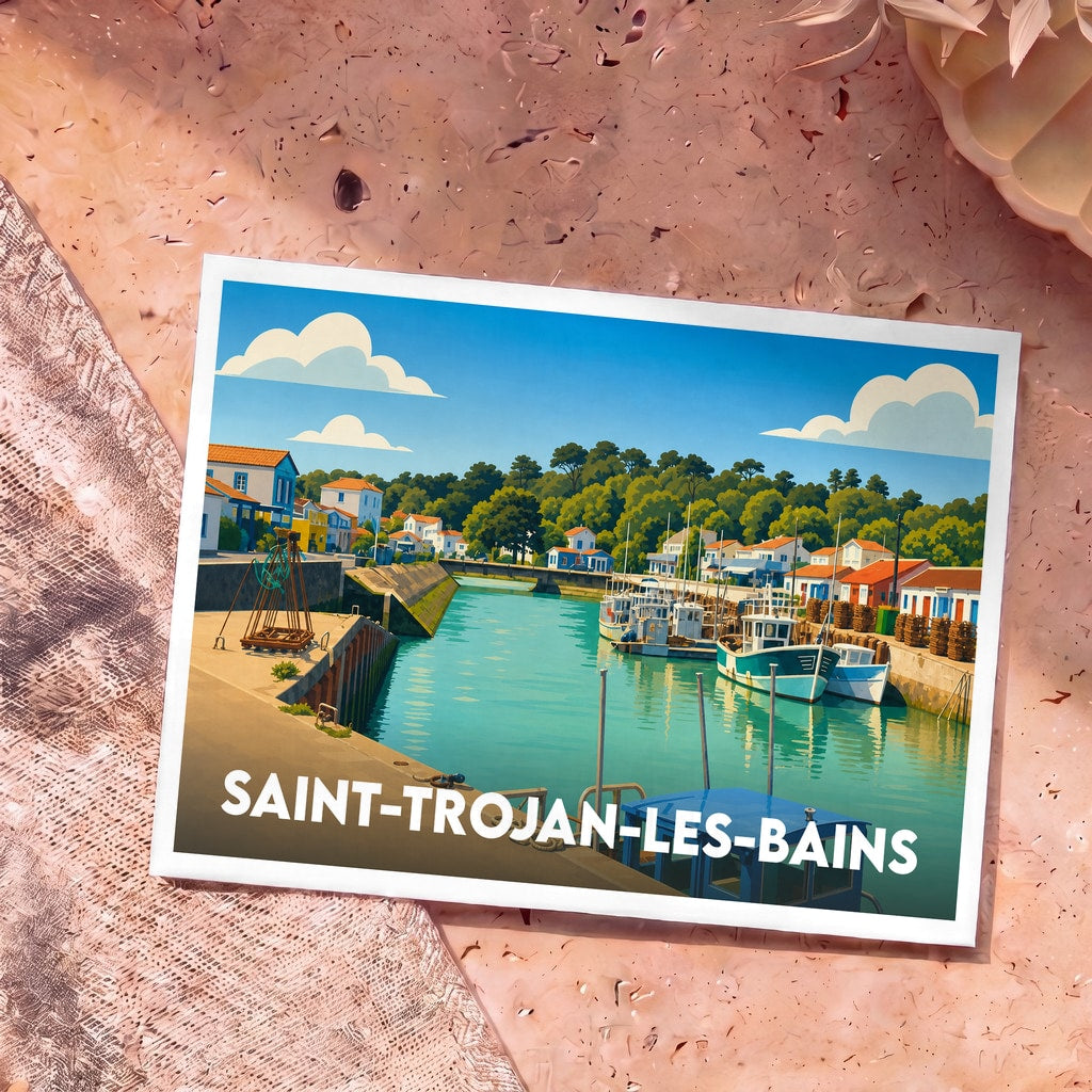 Carte postale souvenir de Saint-Trojan-les-Bains avec une illustration stylisée de son port et de ses bateaux de pêche.
