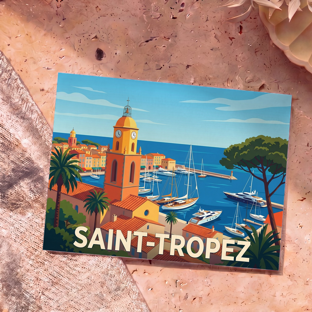 Carte postale souvenir de la ville de Saint-Tropez avec une illustration stylisée de son port et de son clocher emblématique.