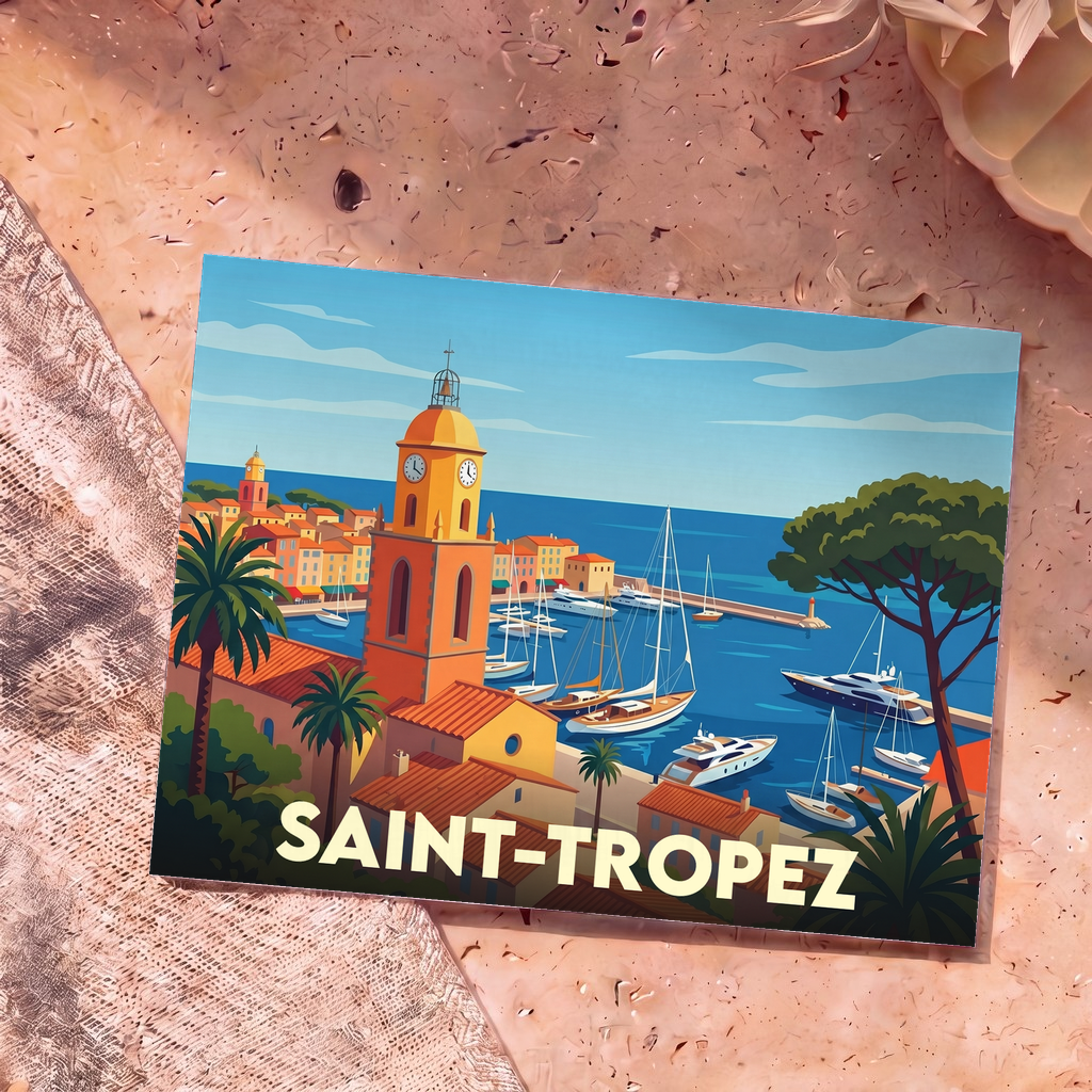 Carte postale souvenir de la ville de Saint-Tropez avec une illustration stylisée de son port et de son clocher emblématique.