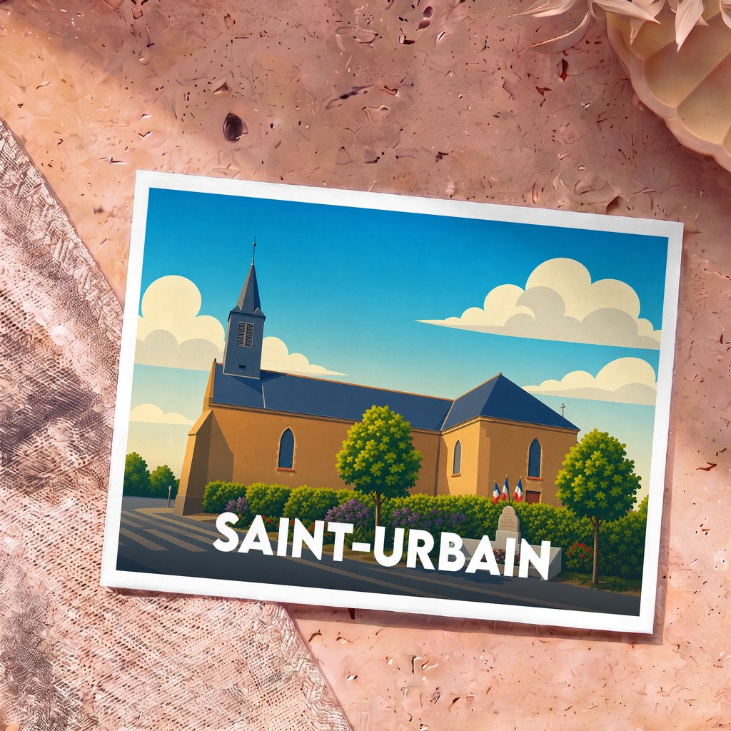 Carte postale souvenir de la ville de Saint-Urbain avec une illustration stylisée de son église sous un ciel bleu.
