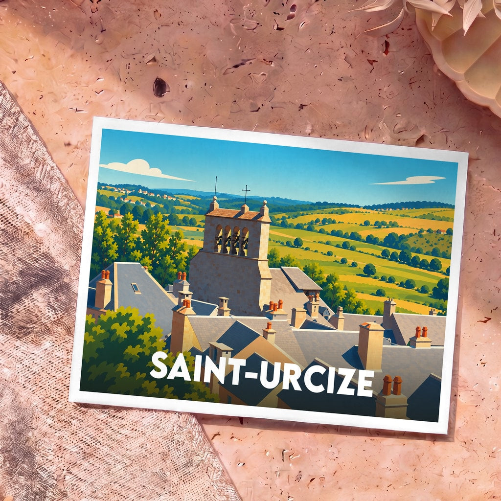 Carte postale souvenir de la ville de Saint-Urcize avec une illustration stylisée de son église et des paysages environnants.