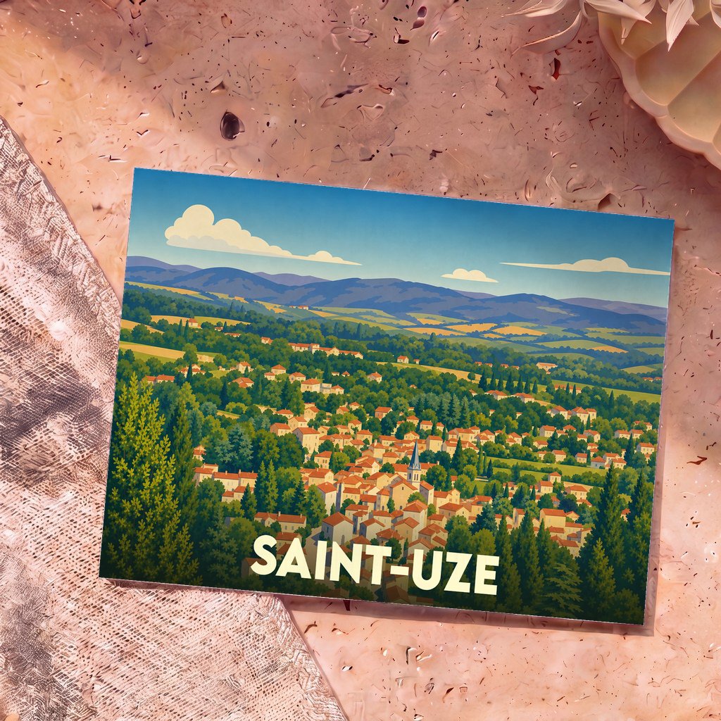 Carte postale souvenir de la ville de Saint-Uze avec une illustration stylisée de son paysage vallonné.