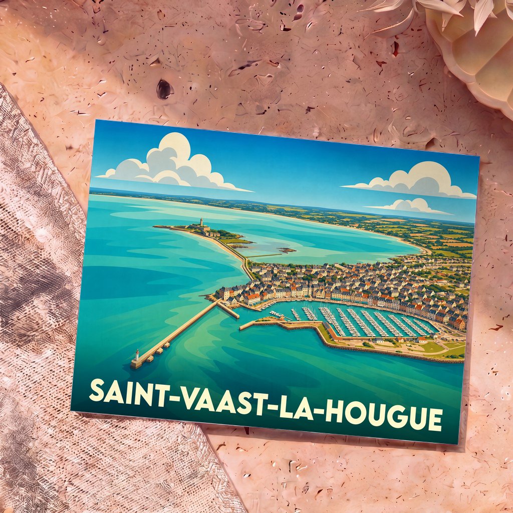 Carte postale souvenir de la ville de Saint-Vaast-la-Hougue avec une illustration stylisée du port et de la côte.