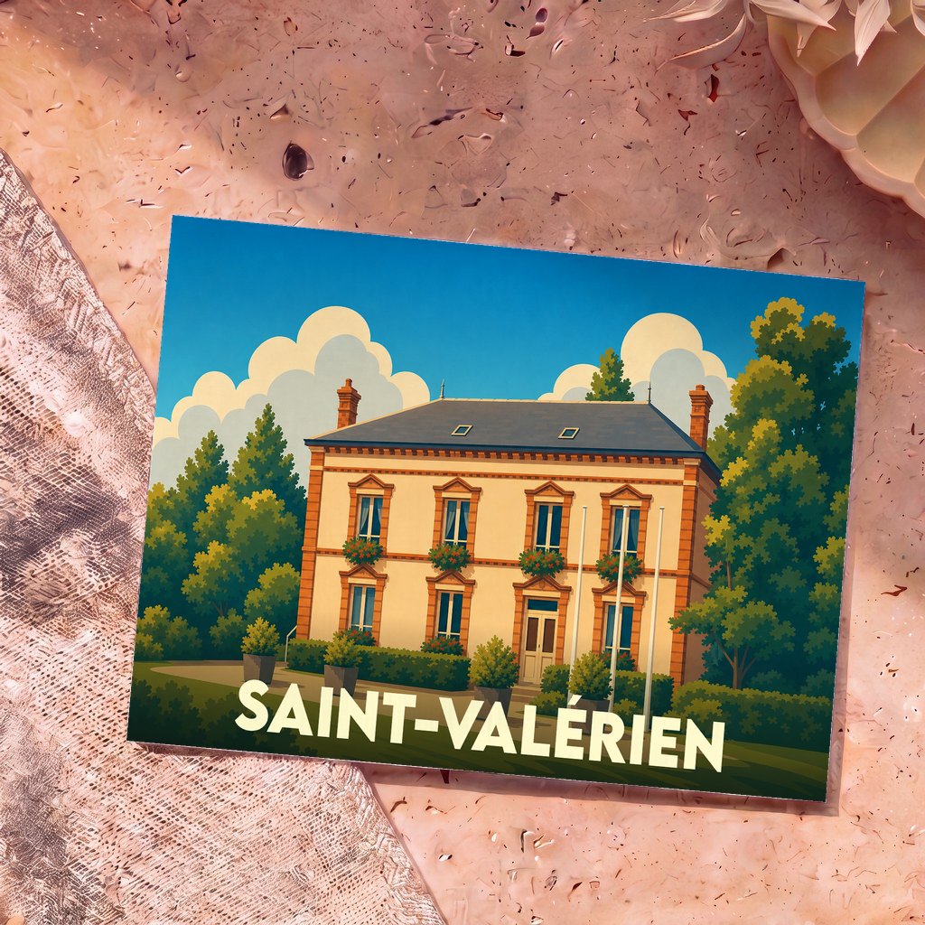 Carte postale souvenir de la ville de Saint-Valérien avec une illustration stylisée de sa mairie.