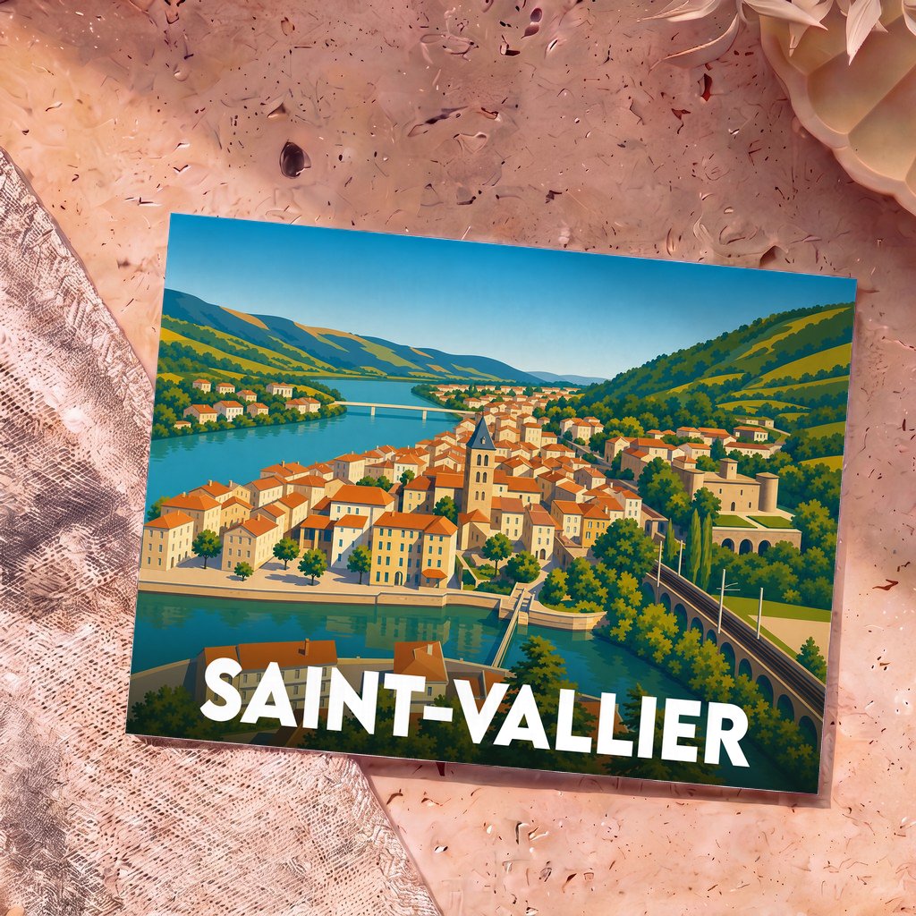 Carte postale souvenir de la ville de Saint-Vallier illustrant ses paysages et son architecture au bord de l'eau dans un style graphique épuré.