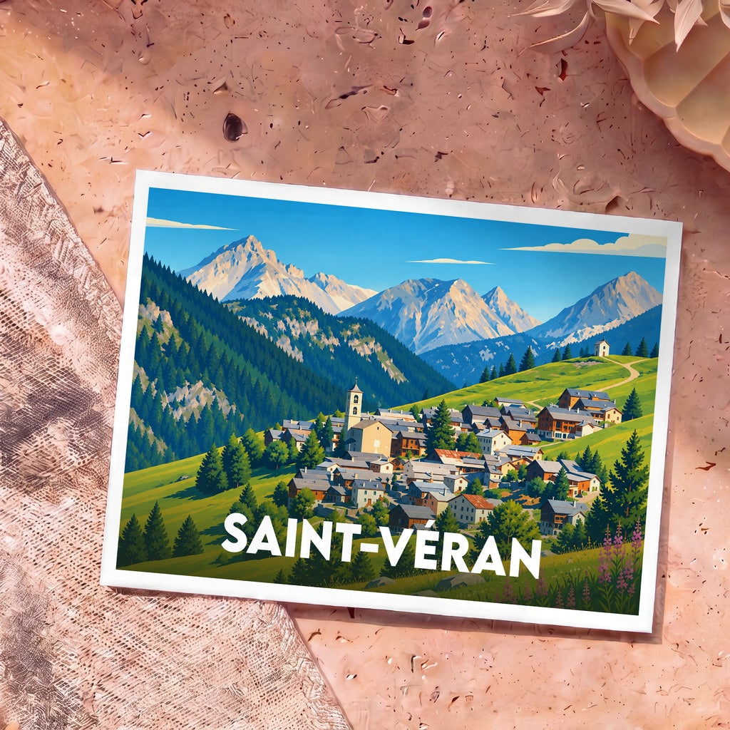 Carte postale souvenir de la ville de Saint-Véran illustrant le village niché au cœur des Alpes.