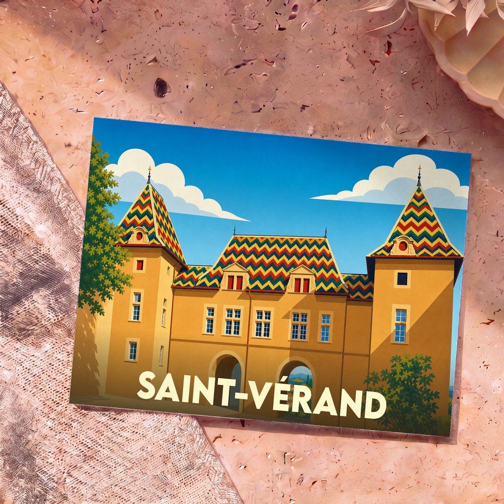 Carte postale souvenir de la ville de Saint-Vérand illustrant son château au toit coloré dans un style graphique épuré.