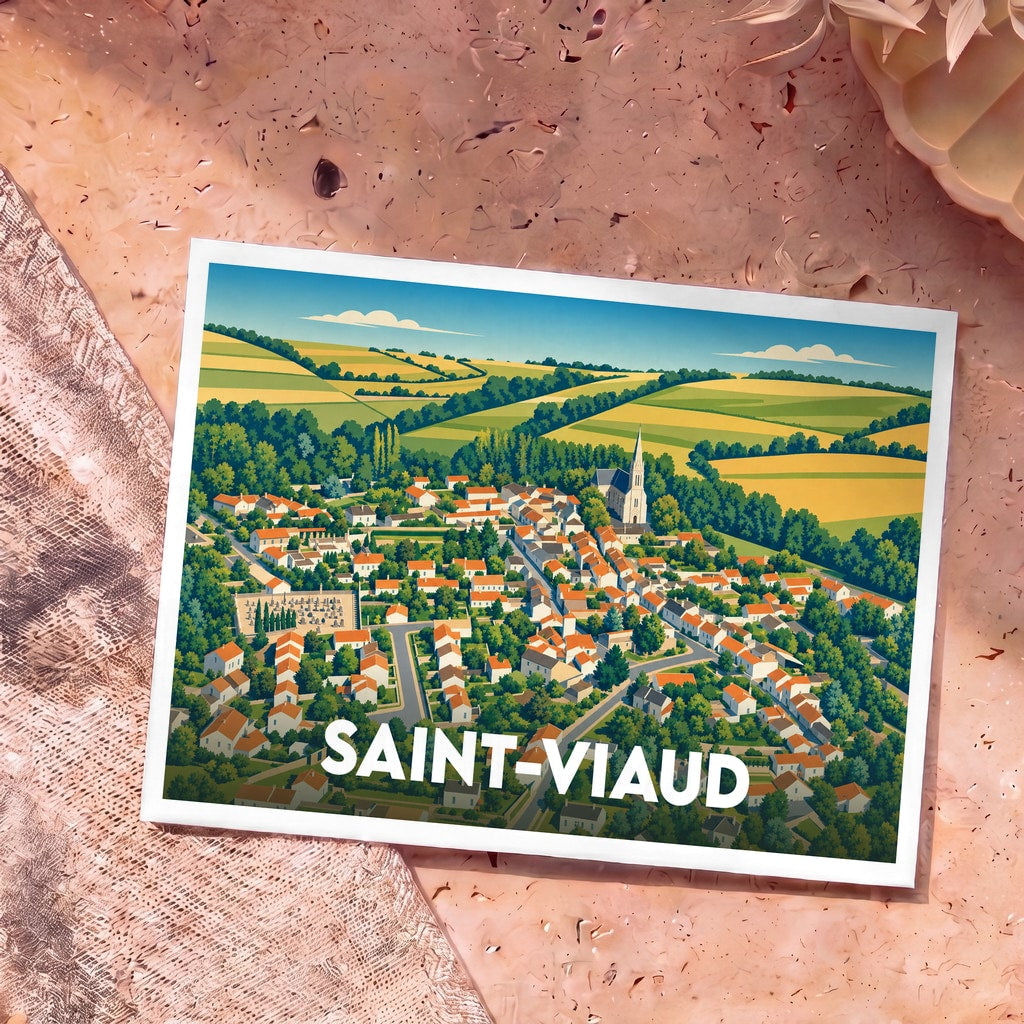 Carte postale souvenir de la ville de Saint-Viaud avec une illustration stylisée vue du ciel.