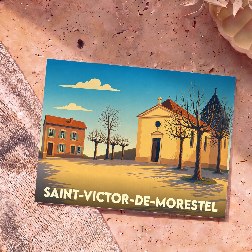 Carte postale souvenir de la ville de Saint-Victor-de-Morestel avec une illustration stylisée d'une place de village.