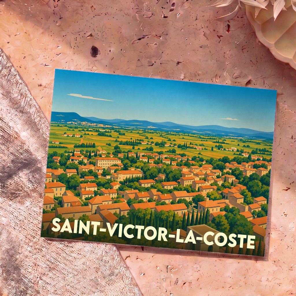 Carte postale souvenir de la ville de Saint-Victor-la-Coste illustrant son paysage provençal typique.