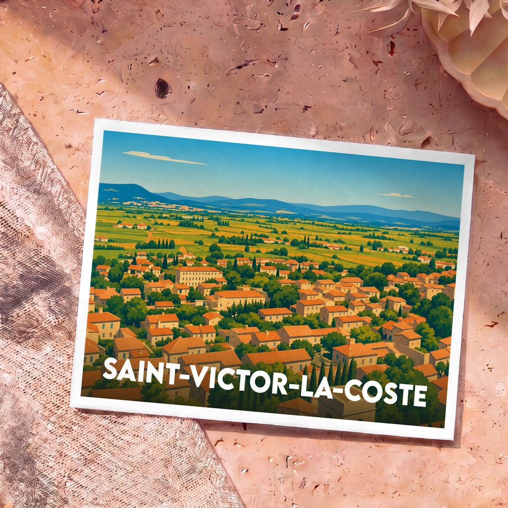 Carte postale souvenir de la ville de Saint-Victor-la-Coste illustrant son paysage provençal typique.