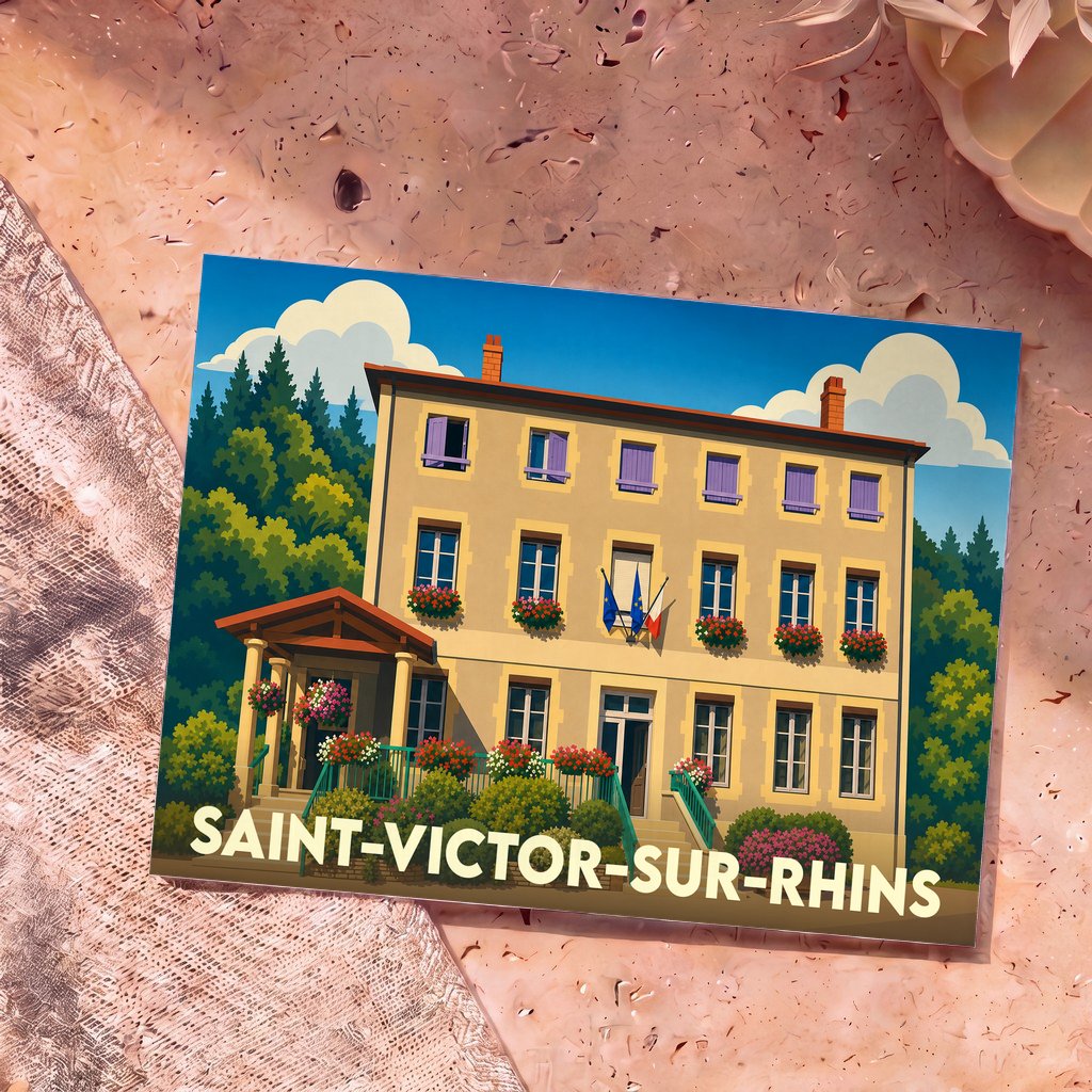 Carte postale souvenir de la ville de Saint-Victor-sur-Rhins illustrant une mairie fleurie dans un style graphique épuré.
