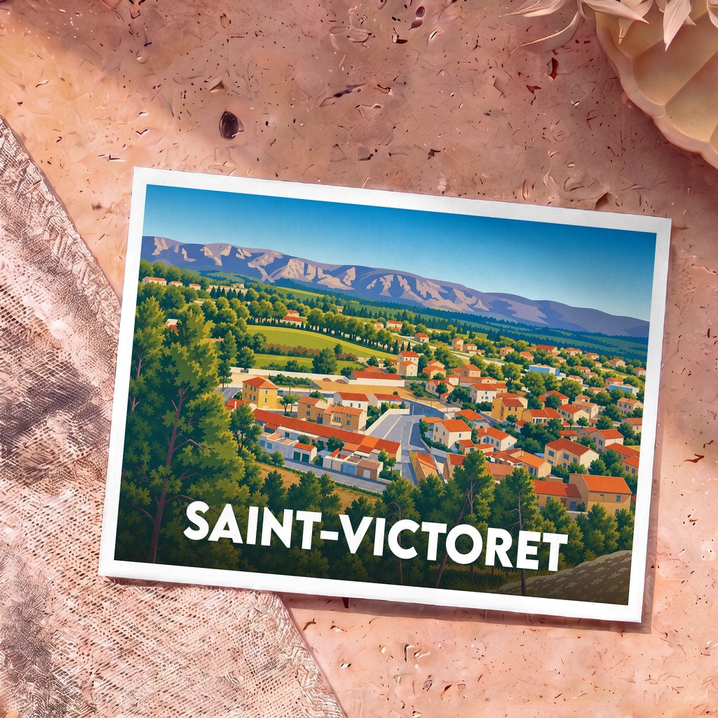 Carte postale souvenir de la ville de Saint-Victoret illustrant un panorama coloré entre habitations et montagnes.