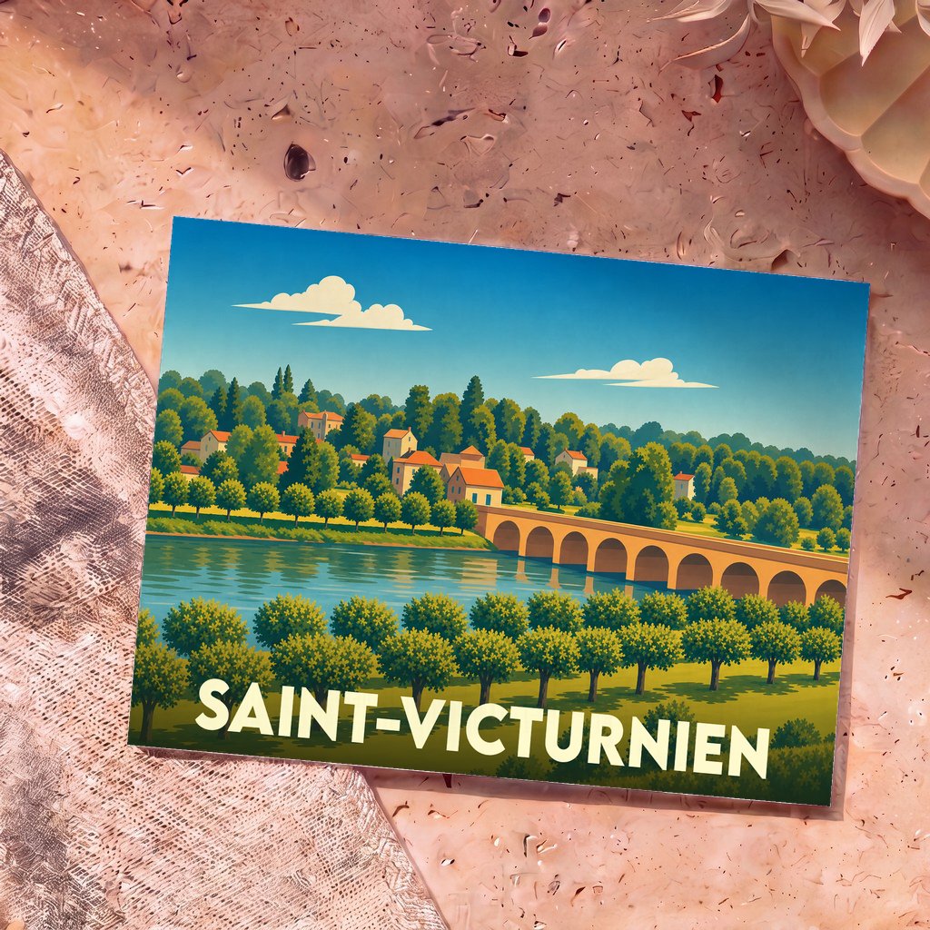 Carte postale souvenir de Saint-Victurnien avec une illustration stylisée d'un pont en pierre enjambant la Vienne.
